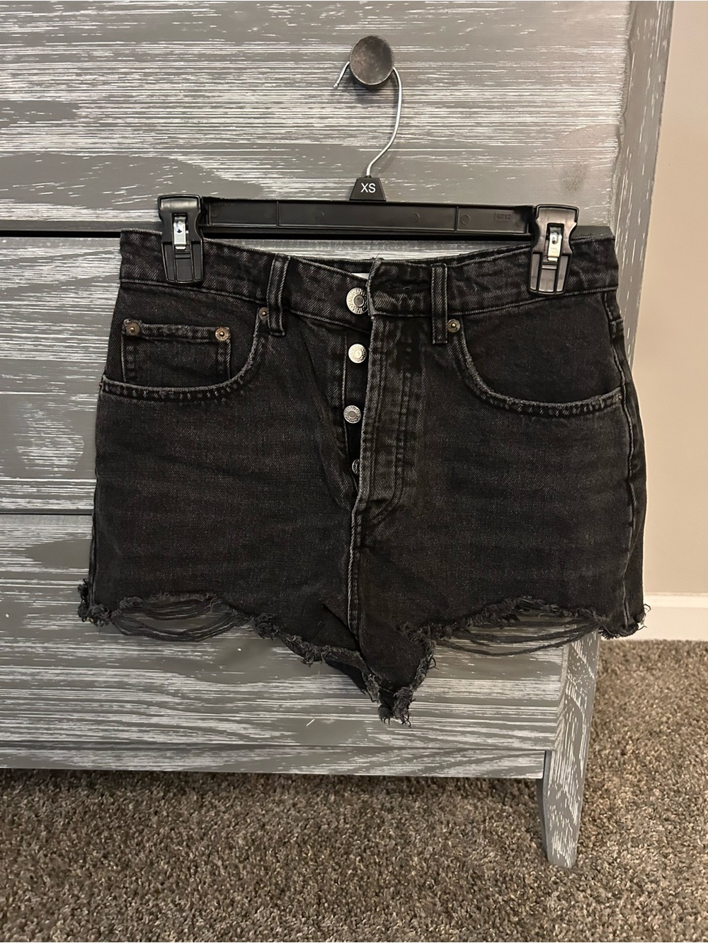 Zara Black Distressed Button-Fly Denim Shorts